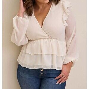 Torrid Chiffon Ruffled V Neck Wrap Surplice‎ Crop Top Ivory XXXL Holiday Fairy